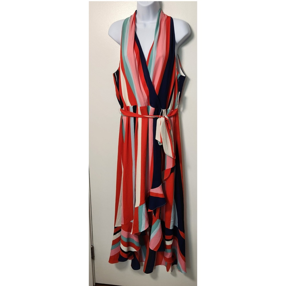 DR Collection Donna Ricco NWT Stripe Halter Midi Dress Faux Wrap Tiers Ruffle 14